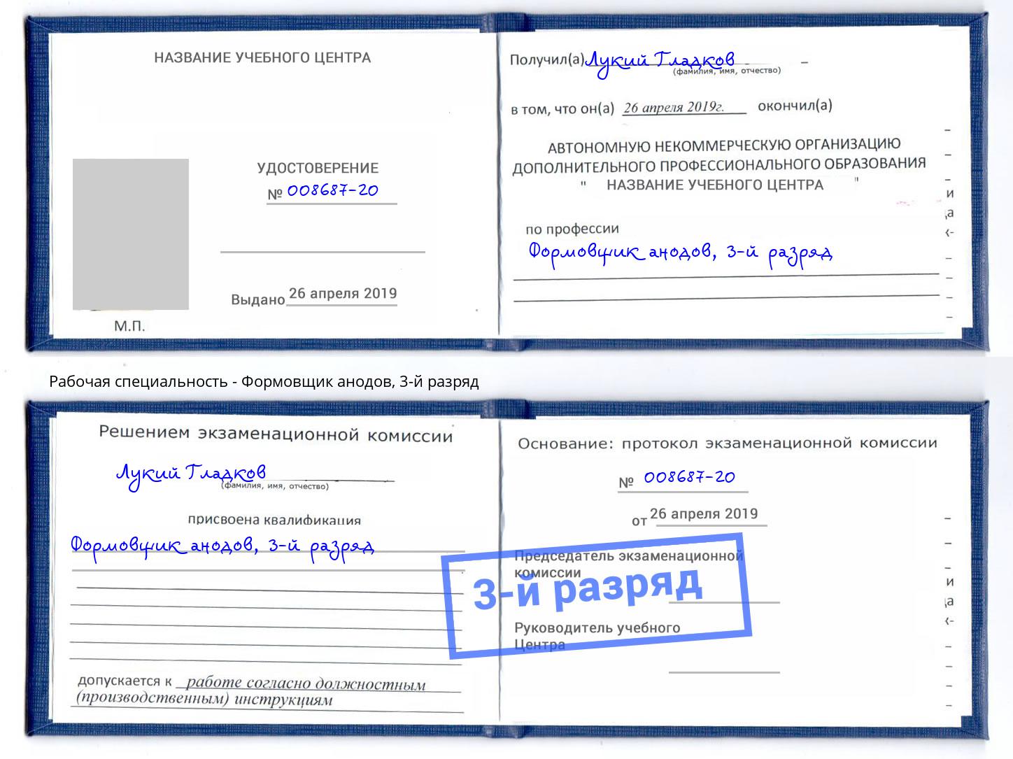 корочка 3-й разряд Формовщик анодов Химки