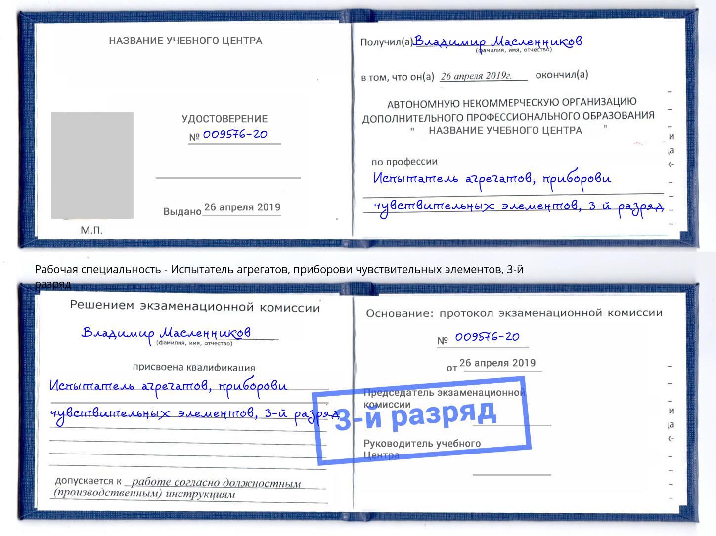корочка 3-й разряд Испытатель агрегатов, приборови чувствительных элементов Химки
