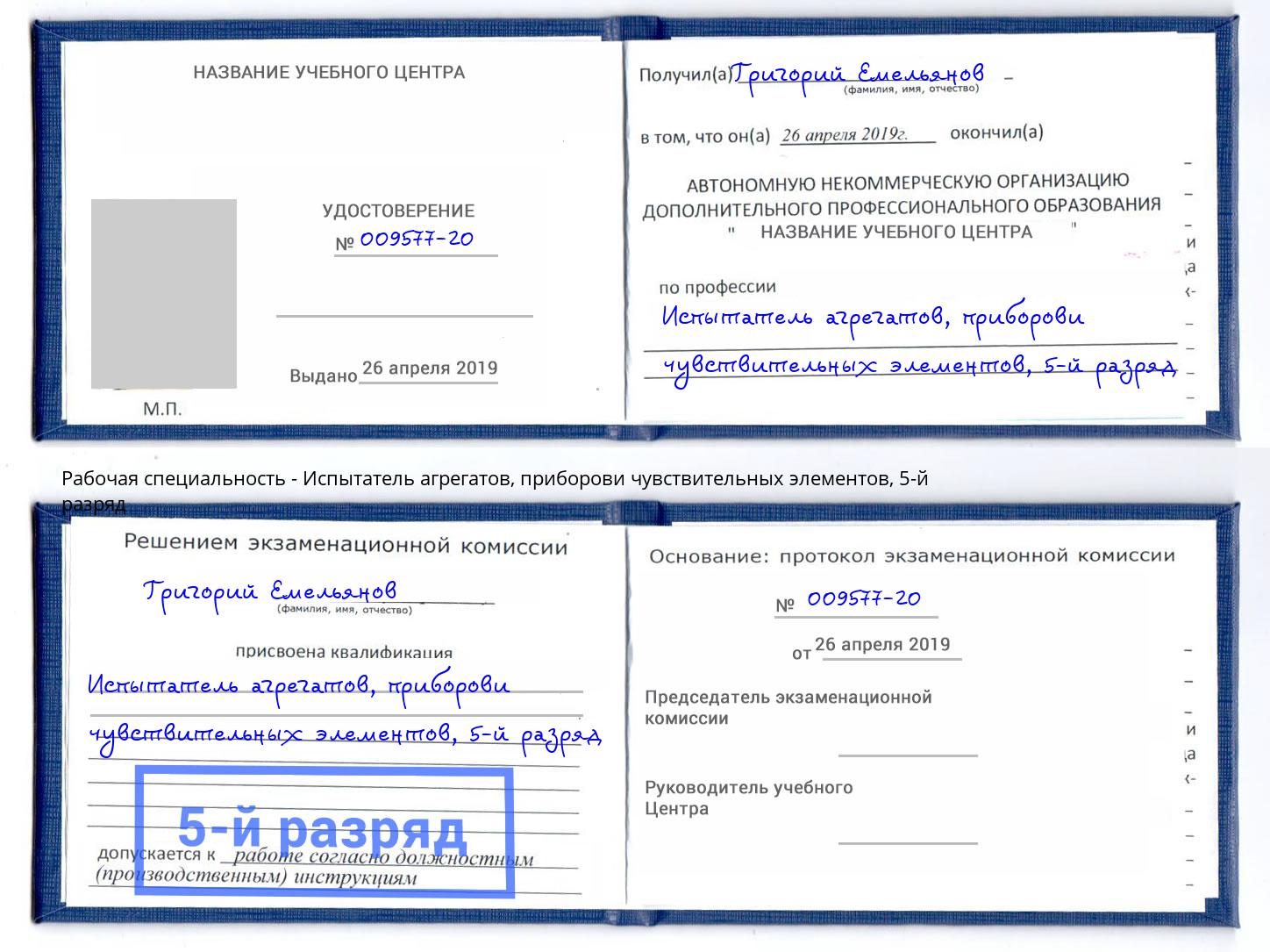 корочка 5-й разряд Испытатель агрегатов, приборови чувствительных элементов Химки